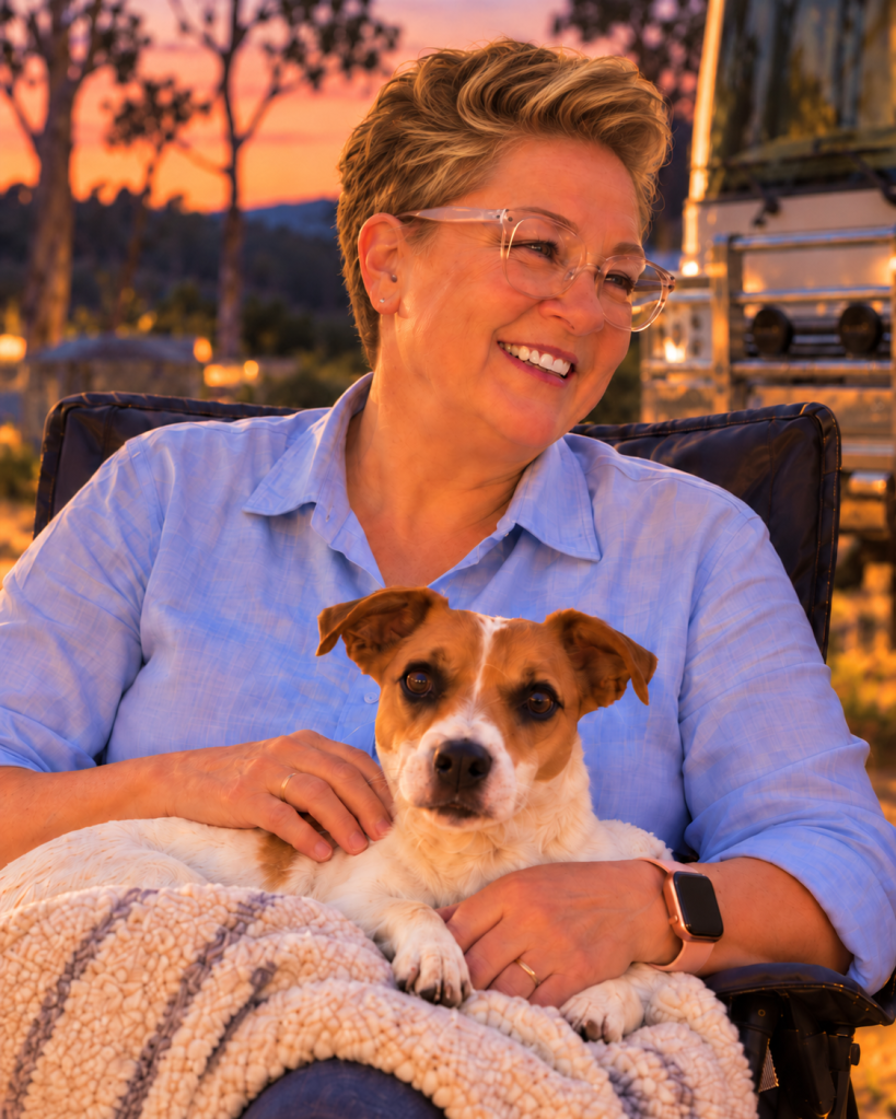 Shayne Halliday holding her Jack Russell, Cookie, at a campsite at sunset.