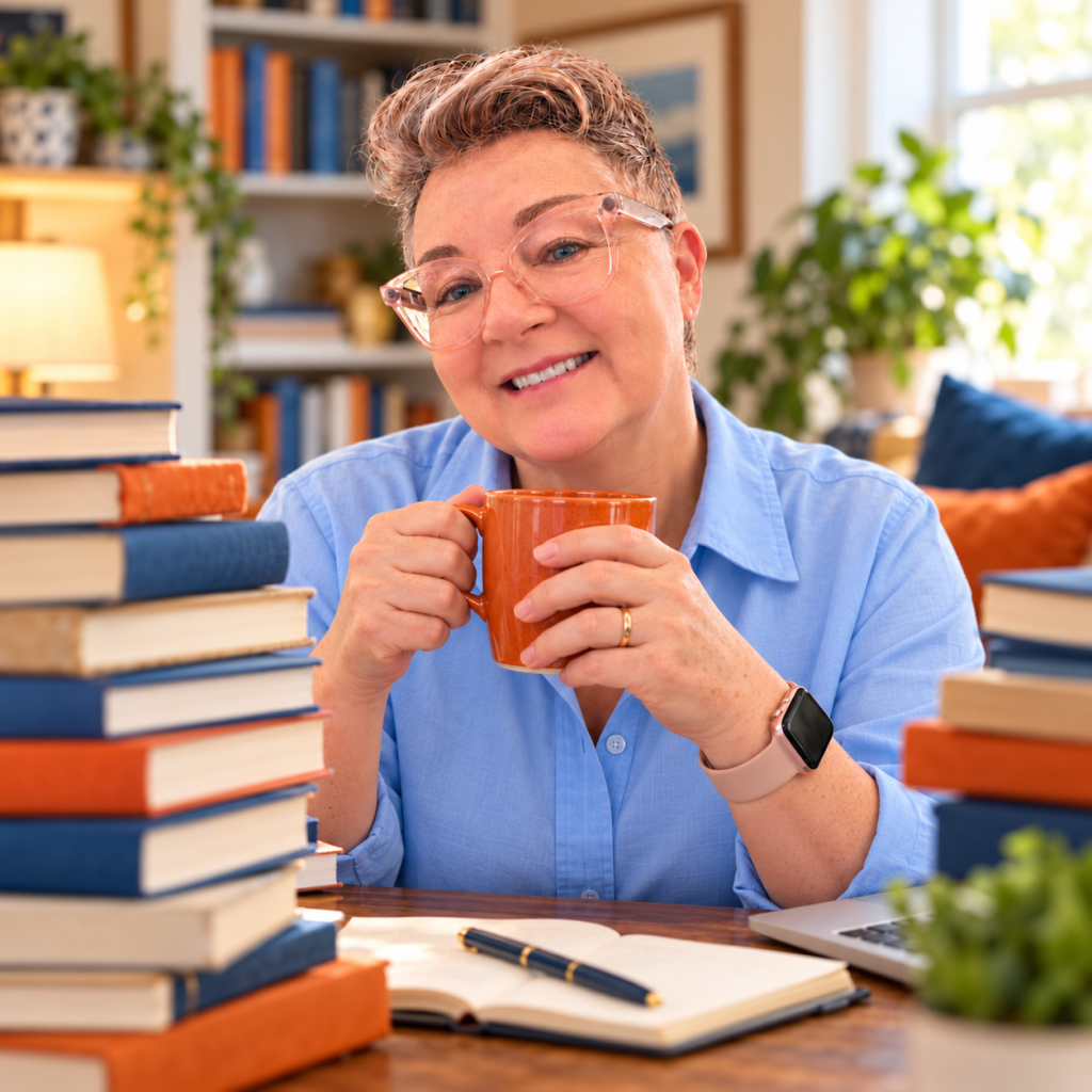 Shayne Halliday smiling with a coffee mug, surrounded by stacks of books.